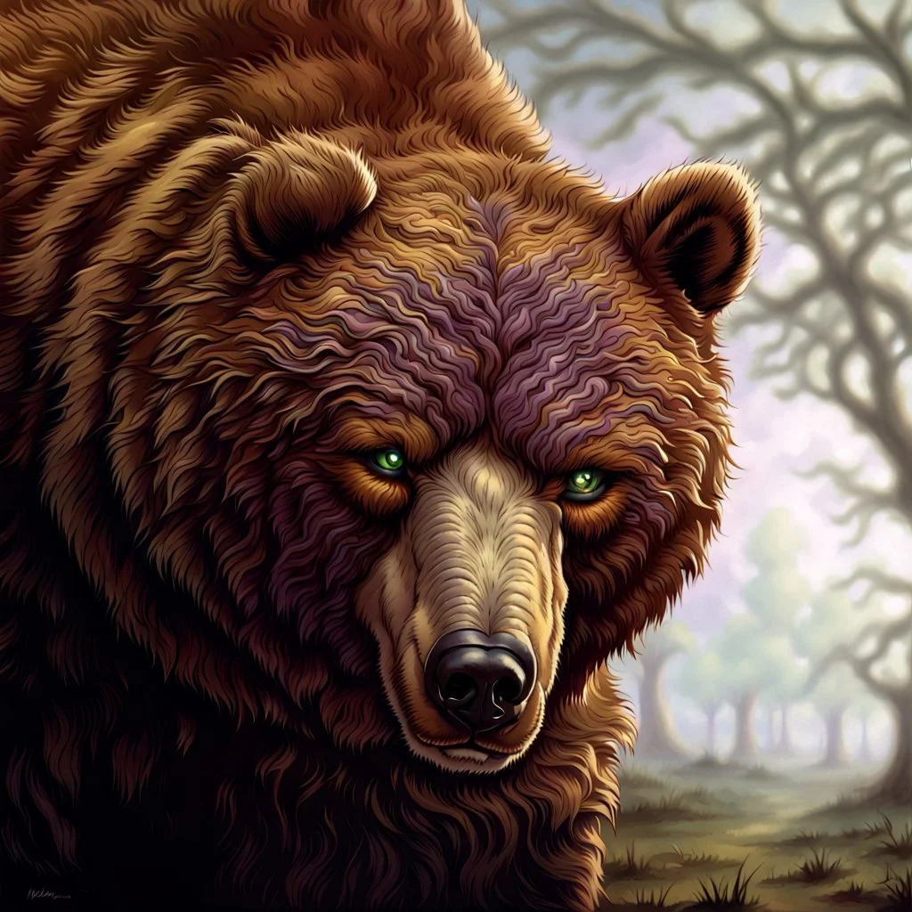 90's TCG fantasy artwork art of a mutant bear with green eyes