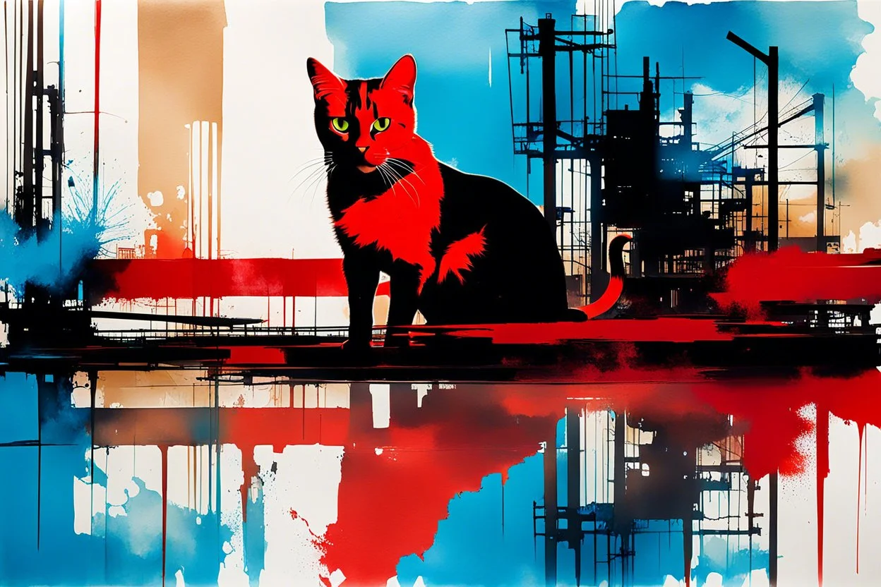 double exposure ink painting of urban decay with double exposure abstract ink painting of walking rusty scrappy red (mechanical:1.7) cat, pseudo photo-realism, negative space, liminal space, liminal vibe, amazing reflections, excellent parallels, great verticals, juxtaposition shock, wet print, ink leak, colors of light sky blue and beige and black, text on wall: "FEAR THE GEAR"