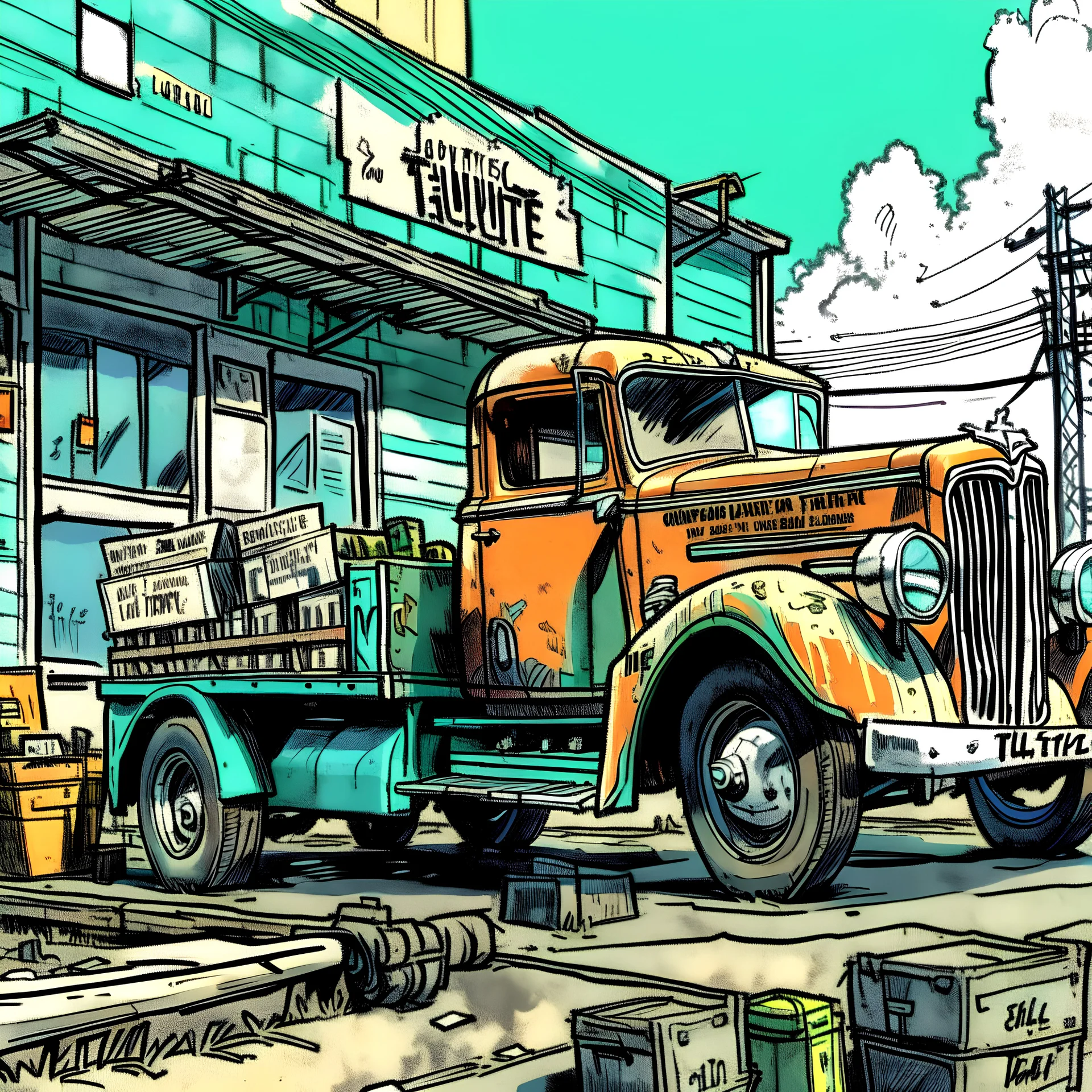 a colored sketch of a vintage TruckStop