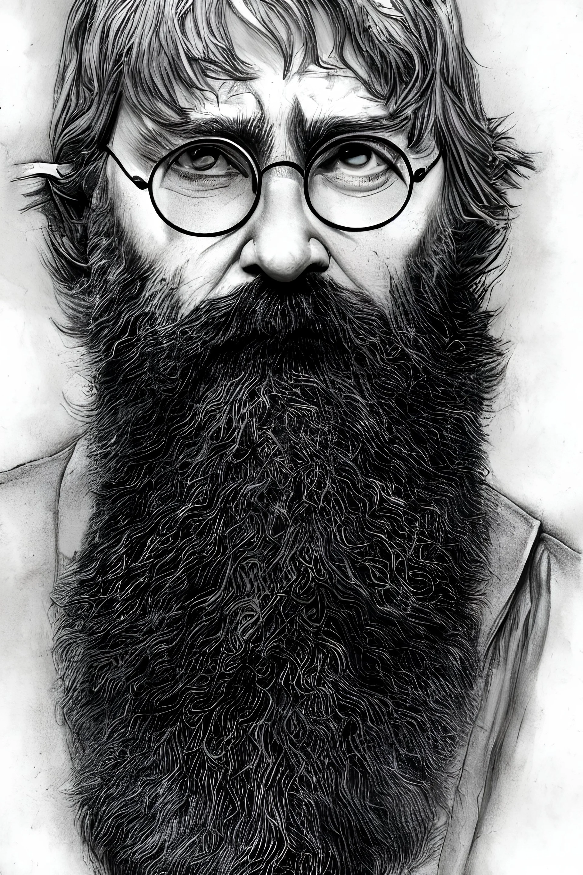 a close up portrait of a bearded harry potter as an extremly old man, art station, highly detailed, concept art, sharp focus, illustration in pen and ink, wide angle, by Kentaro Miura