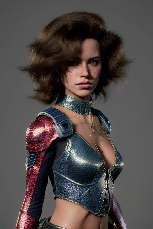 Rebel Lynn, ultrarealistic, dynamic, concept art, strikingly beautiful (18 year old girl:1.2),_skimpy lost in space armor_, Hair (long ginger:1.1), Face (freckles:1.2), body, medium breasts (heavy cleavage:1.2), tracing, ambient light, highres, (hyperrealistic:1.2), (perfect face:1.1), intricate (high detail:1.1) body, beautiful detailed eyes (emerald:1.3), _camera_, _pose_, plump lips ,sci-fi theme, Model hash: ddc3021b
