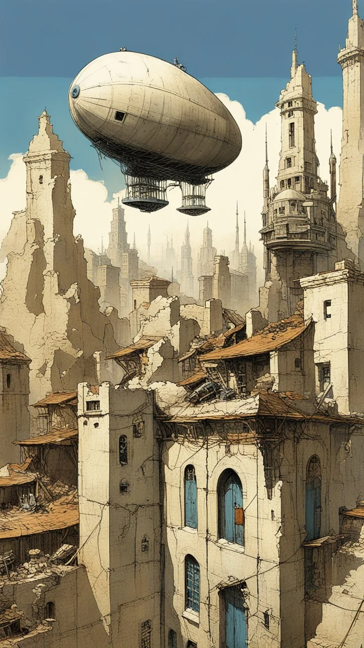 A small futuristic city in the ruins of an old building, blue sky, in the style of Gerald Brom and John Berkey, a large blimp floats above buildings, a house is made from concrete blocks, there is graffiti on walls, several tall towers with white spires tower over the scene. --ar 91:128 --v 6. 0