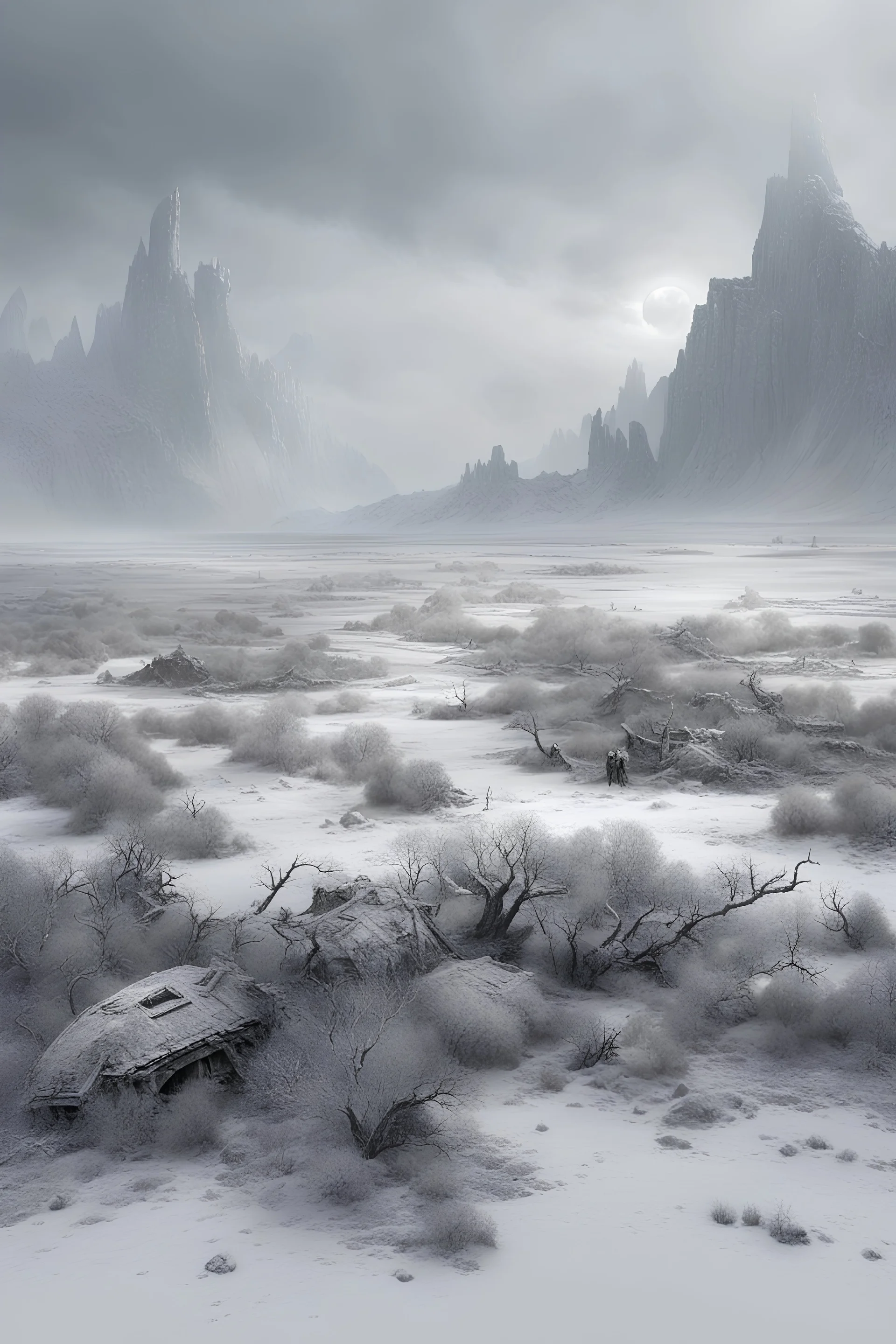 An image of an ancient battlefield located on a flat plain, covered in gray ash. Scattered across the battlefield are remnants of human warriors, weapons, and armor, all clearly lifeless. Prominently featured is the skeleton of a dragon with big horns and wings, half buried in the ash. Ash flakes float in the air like gray snowflakes, partially obscuring and dimming the sun, creating a somber and eerie atmosphere. In the far, far distance, a few ruins are visible, adding to the scene.