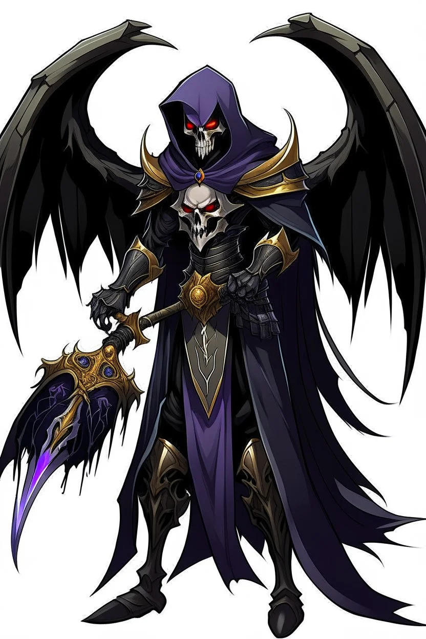 Fry grim reaper knight hero with black wings and cool black plate armor trimmed in gold and purple with a flowing black cape but with a handsome human vampire face