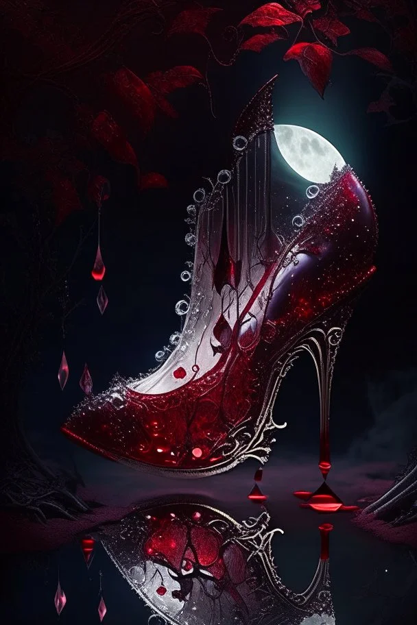 dark fantasy, intricate cover, a whimsical fairytale, translucent shoe made of moonlit glass with drops of crimson blood underneath