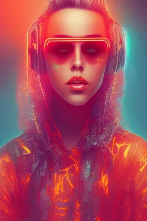 danish singer mø face, cyberpunk,orange tones, style free