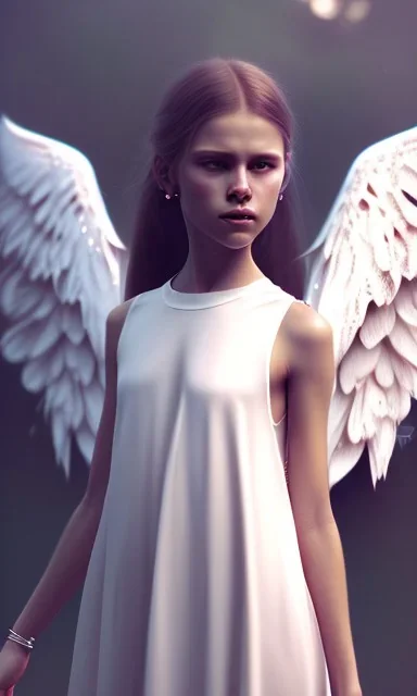 girl, cute, beautiful, angel, long white dress, portrait by Greg Rutkowski