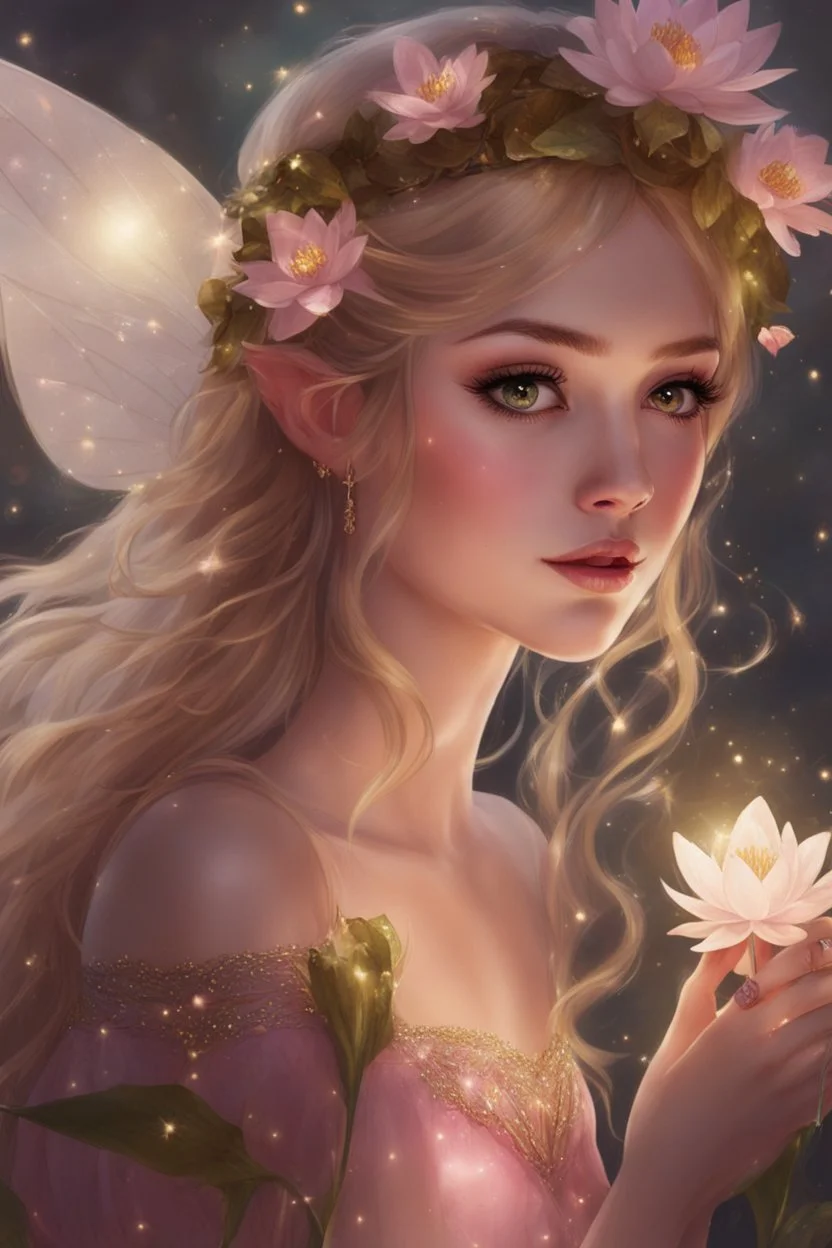 Blonde hair ,Pink dress,Sparkling fairy wings,Very long golden hair,Fairy crown,pointed ears,elven ears,fairy wings,water lilies,sparkling,glittering,flowers,blossoms,golden crown,light pink dress