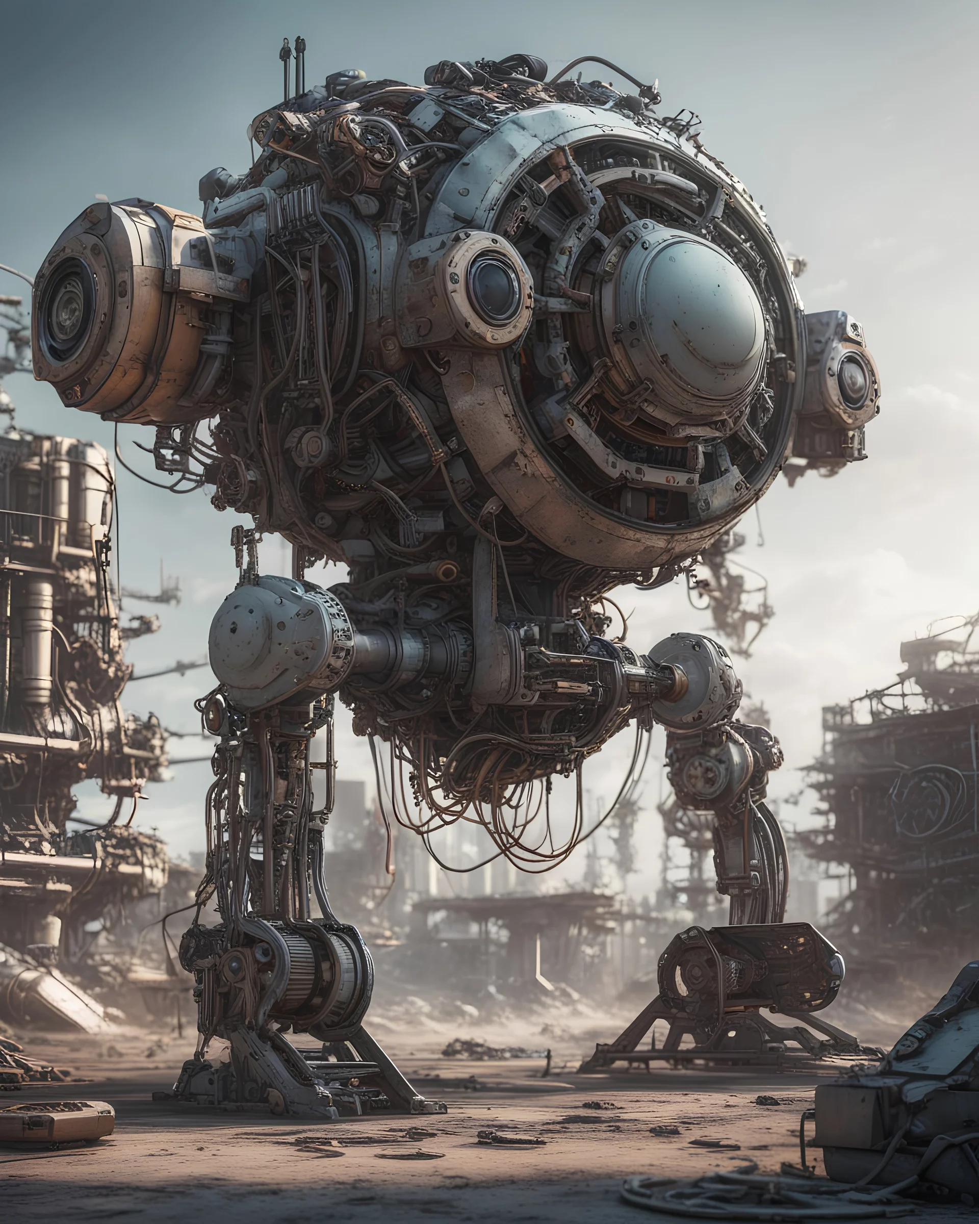 Futuristic mechanical design made with engine parts and wires dysoptia cyberage HAWKEN postapocalyptic dysoptia scene photorealistic uhd 8k VRAY highly detailed HDR