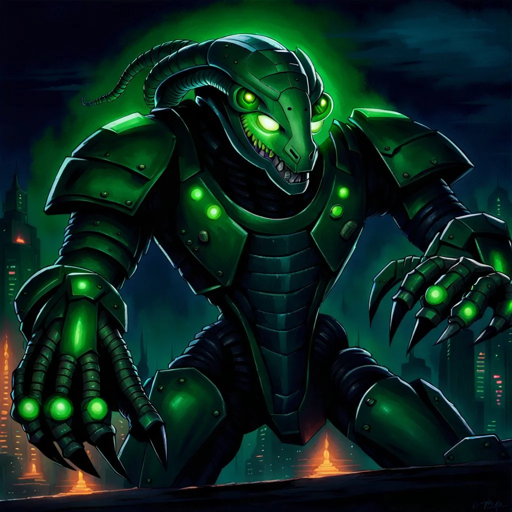 90's fantasy tcg art of a large cyber robot cobra with glowing green eyes