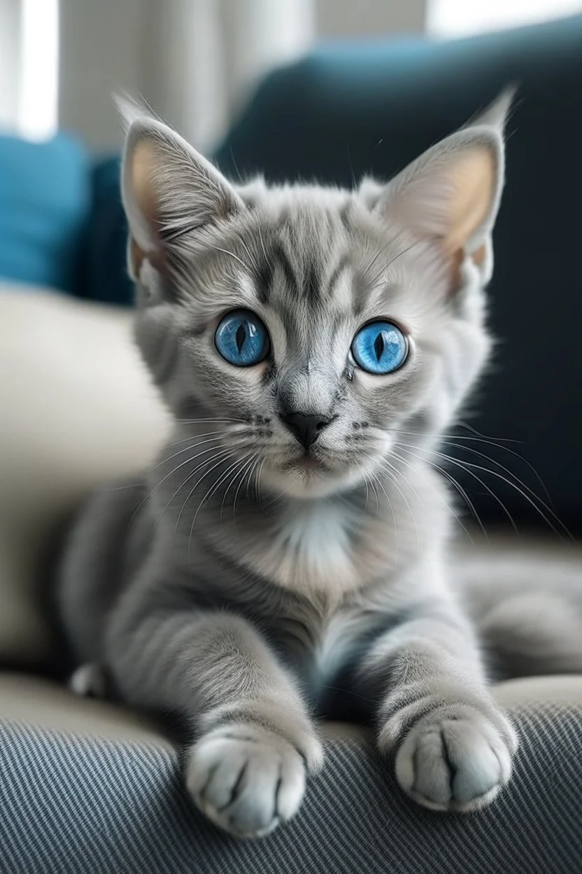 a grey kitten with blue eyes sitting on couch