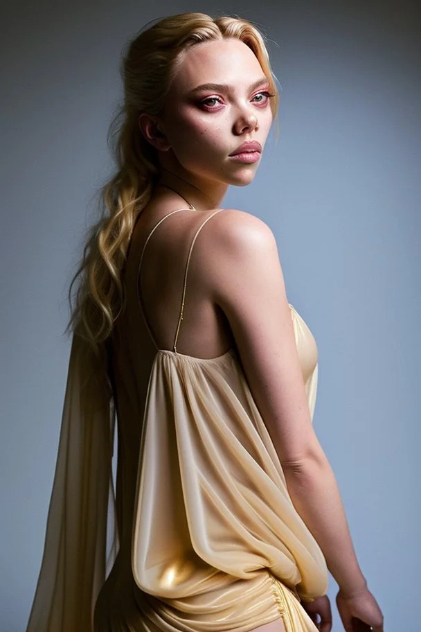 Scarlett Johannson, wearing a gold lame dress with spaghetti straps, standing against a dark background with stage lighting