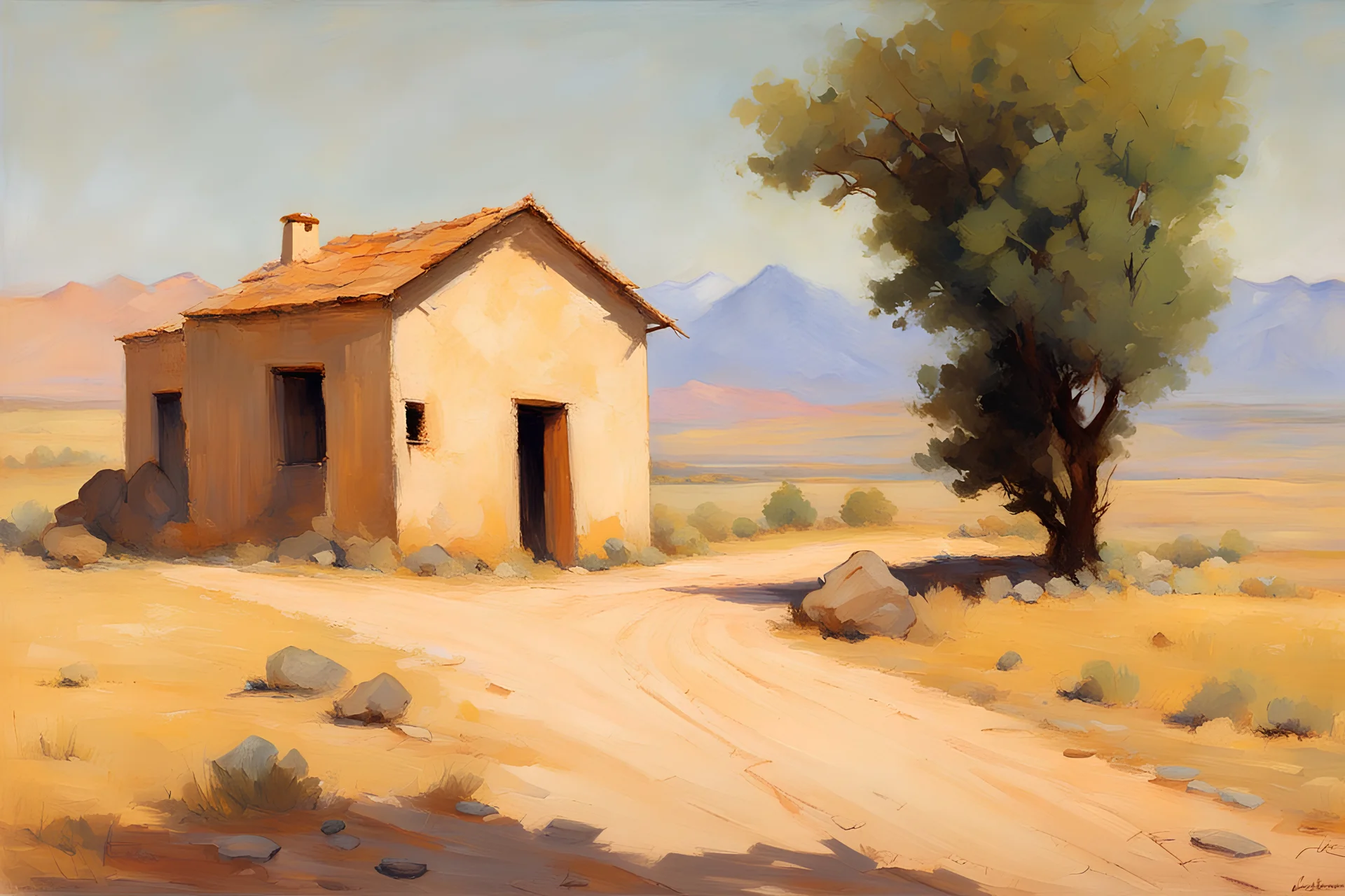 sunny day, rocks, mountains, countryside, dirt road, adobe house, sci-fi, friedrich eckenfelder and henry luyten impressionism paintings