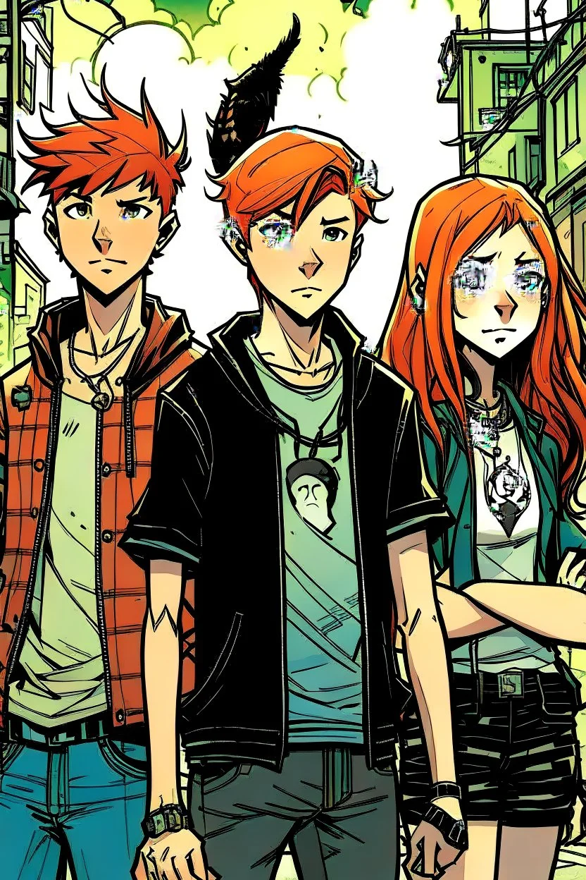 comic style, light colors, boy 13 years old, ginger hair, girl 15 years old, brown hair, boy 14 year bor, ginger hair, chubby, 3 black cats, old town, white vav, 18 year old punk with red mohawk