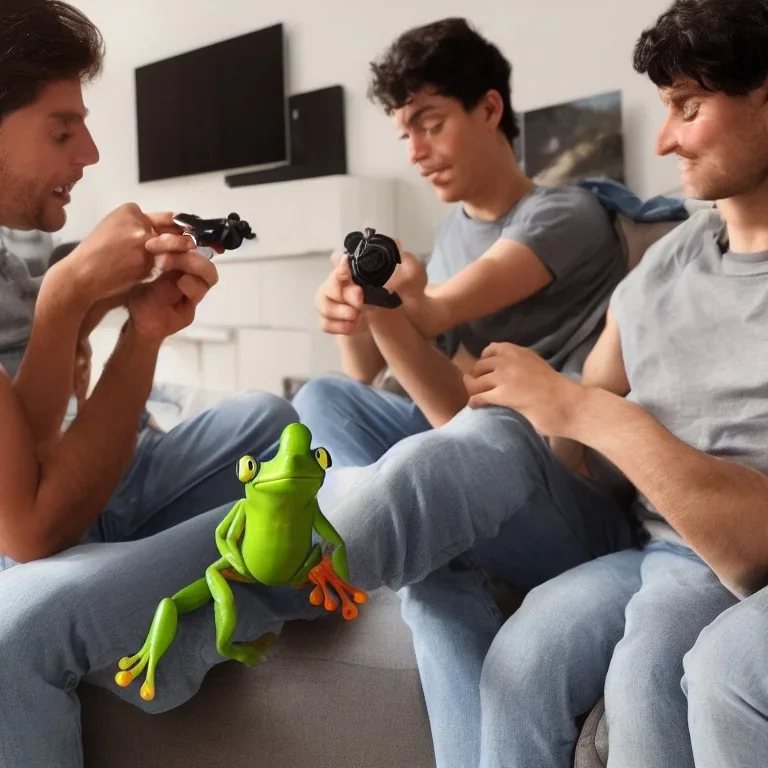 Two frogs sitting on the sofa playing playstation and smoking in the living room, ps4 controllers in their hands, full and clear body parts, live, real, 4K, 8K, 16K