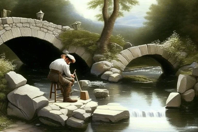 an artist with an easel sits on a stool next to a little stone bridge, he is painting. highly detailed, smooth colours