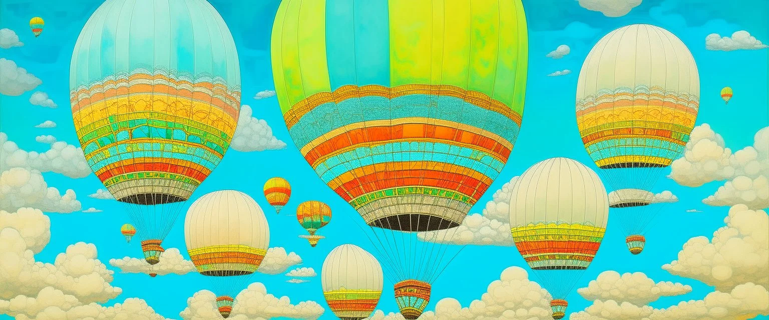 A cyan cloudy sky with rainbow airships designed in Navajo baskets painted by Qiu Ying