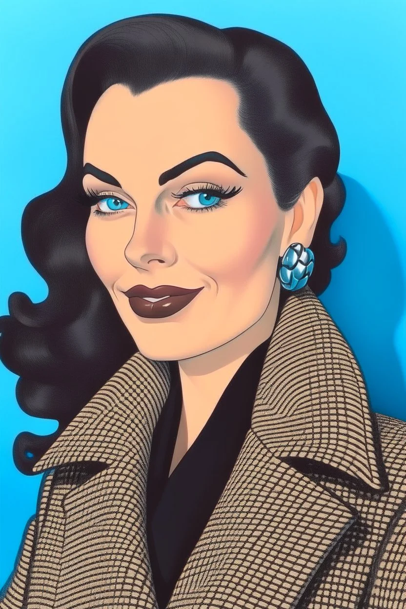 1950s cartoon hero portrait of a famous, long-headed brunette actress wearing fur and looking luxurious