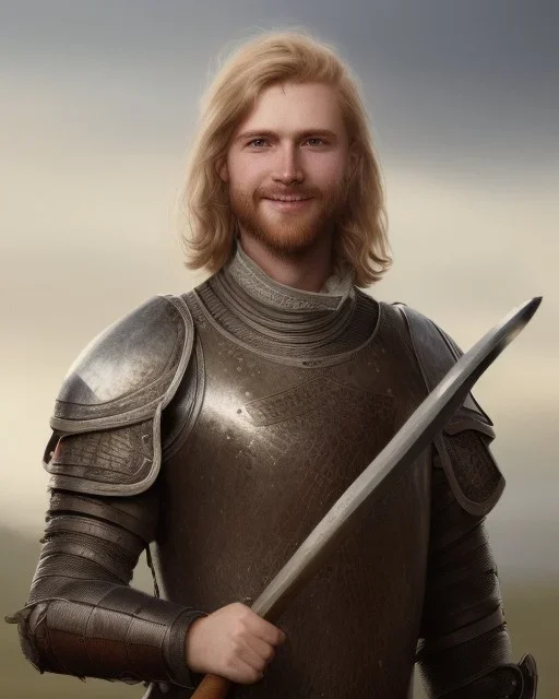 medieval warrior with short blond hair, blue eyes and wide warm smile holding a two-handed axe wearing brown and green clothes