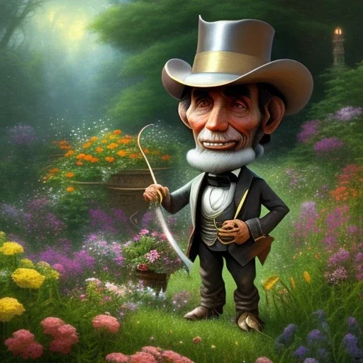 pixar style, volumetric summer garden environment and background, realistic painting of a cute midget abraham lincoln with stovepipe hat, looking excited, volumetric lighting, dramatic lighting, detailed digital painting, anime, ornate, colour-washed colors, elegant, small minutiae, tiny features, particulars, centered, smooth, sharp focus, renderman gofur render, 8k, uhd, detailed eyes