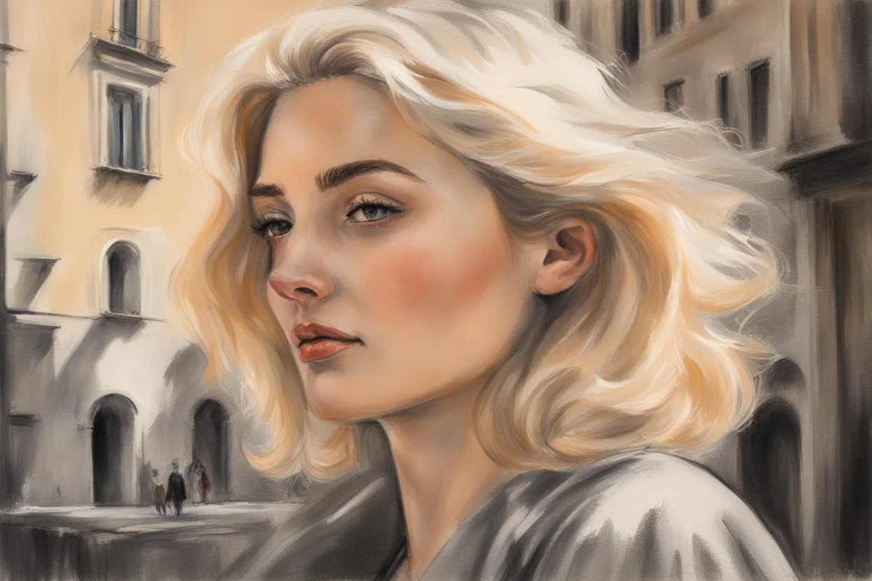 beautiful blonde woman in firenze in sunshine, shading pastel and charcoal