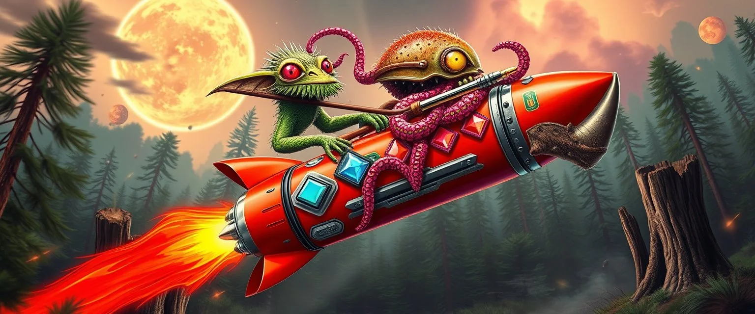 hairy macho gremlin octopus lizard alien living in a hi tech marvellous hot dog art graphics and gems on rocket with a mounted sling shot mega harpoon, heading for venus , background motion blur and smoke swirls, and cheeky slug rhino through giant forest with thick tree stumps