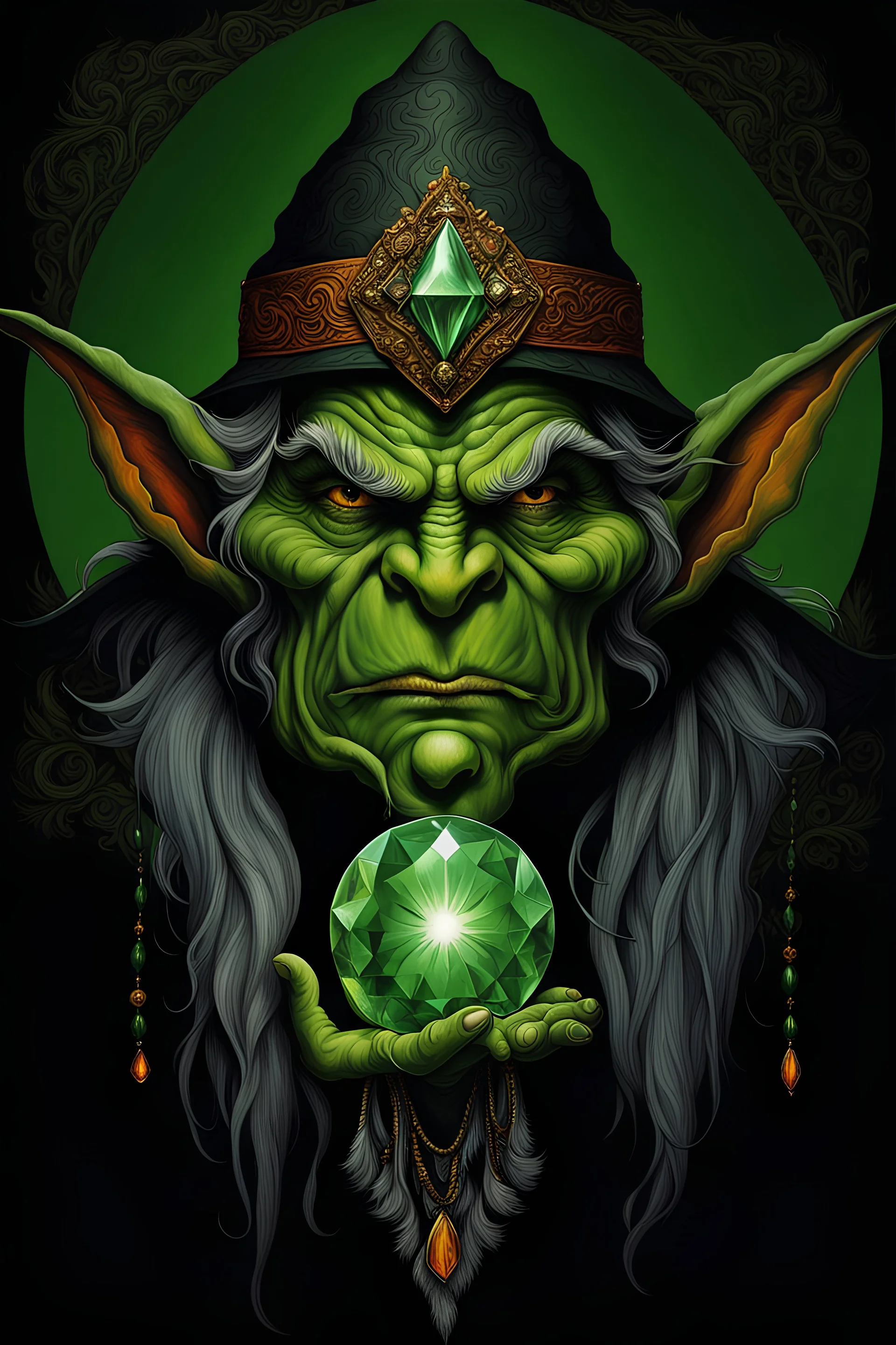 Portrait of a larger than life, mountainous goblin sorcerer, with a giant gem on his forehead, wrinkled green and grey skin, in the style of Artwork by Albert Lynch, sinking deep into bittersweet melancholia, dark angry eyes, 70s psychedelic drawings, alex grey, sense of awe, pale skin, night, dark twisted fantasy, macabre fine art
