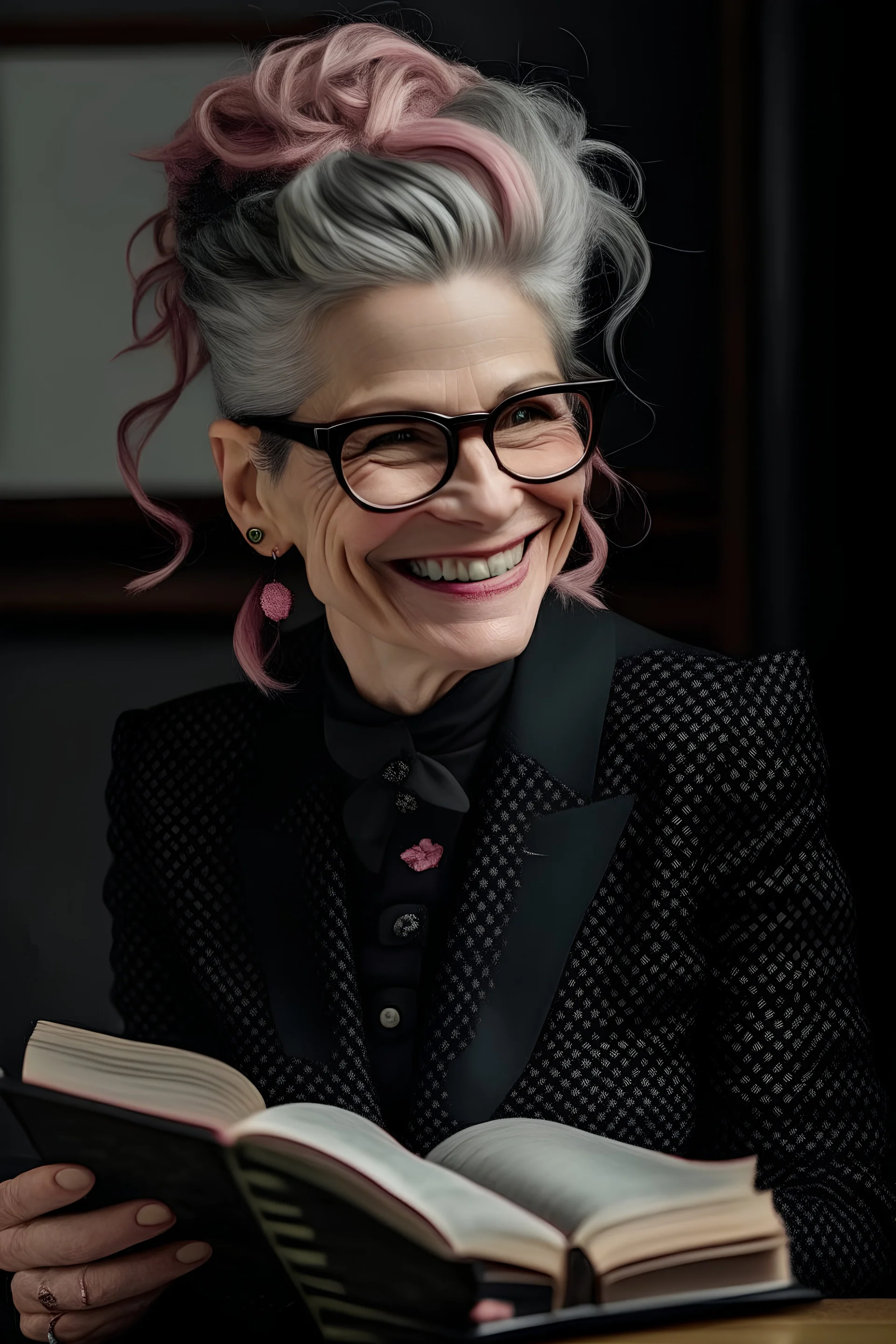 mujer de cabello lasio y contextura rellenita de sonrisa picara con traje negro brilloso de coderas,bolsillo y rodilleras color rosa viejo y anteojos de lectura