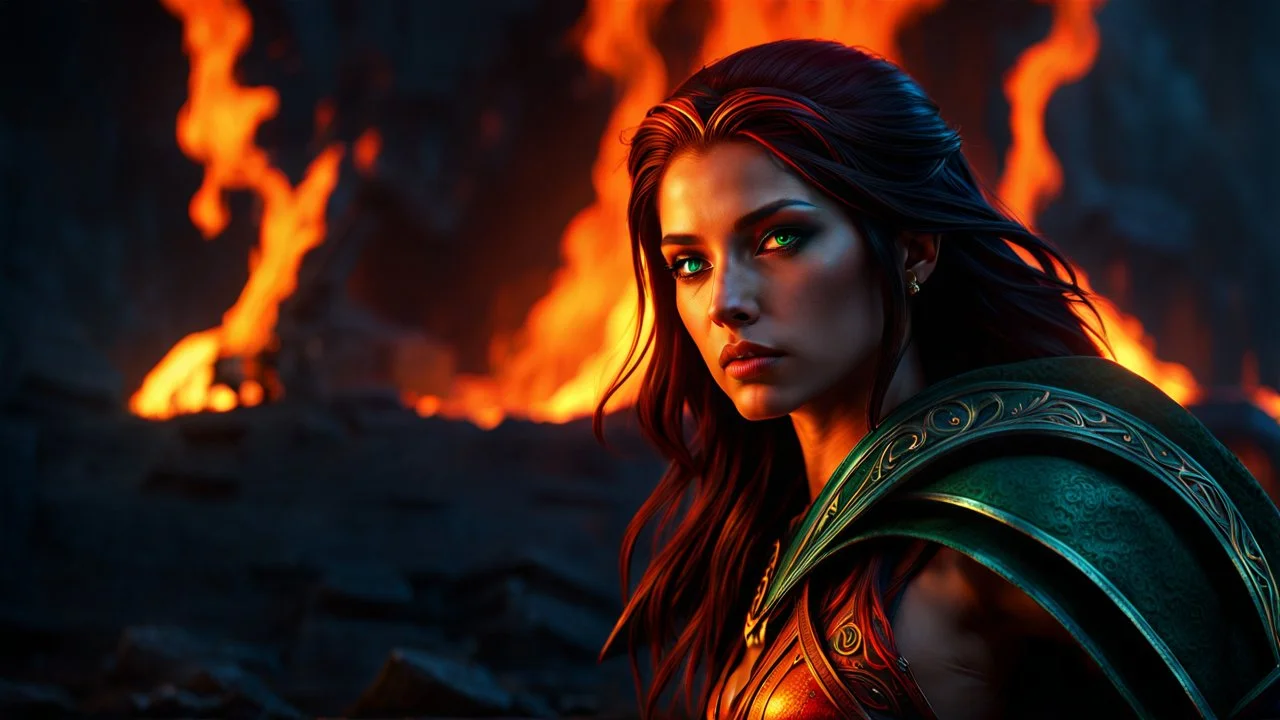 Armageddon. ragnarok. molten lava. 18 year old female sorcerer. fantastic beautiful emerald green eyes. blue and orange fire. red spexquisite realism, a masterpiece, fantasy concept art, dynamic lighting, hyperdetailed, intricately detailed, deep color, Unreal Engine, volumetric lighting , Epic cinematic brilliant stunning intricate meticulously detailed dramatic atmospheric maximal,