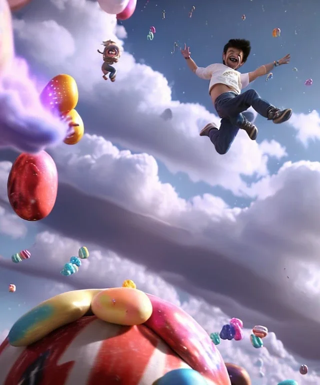 Ultra realistic speed clouds sky scene, wide angle view, sweet men falling down with many Childs, feather color clothing, free jumping flying, many trinkets, hair monster, many jelly beans, balls, color smoke, smile, happy, circus style, extreme, wind, clouds sea, 20,000 feet altitude, stratosphere, soft color, highly detailed, unreal engine 5, ray tracing, RTX, lumen lighting, ultra detail, volumetric lighting, 3d, finely drawn, high definition, high resolution.