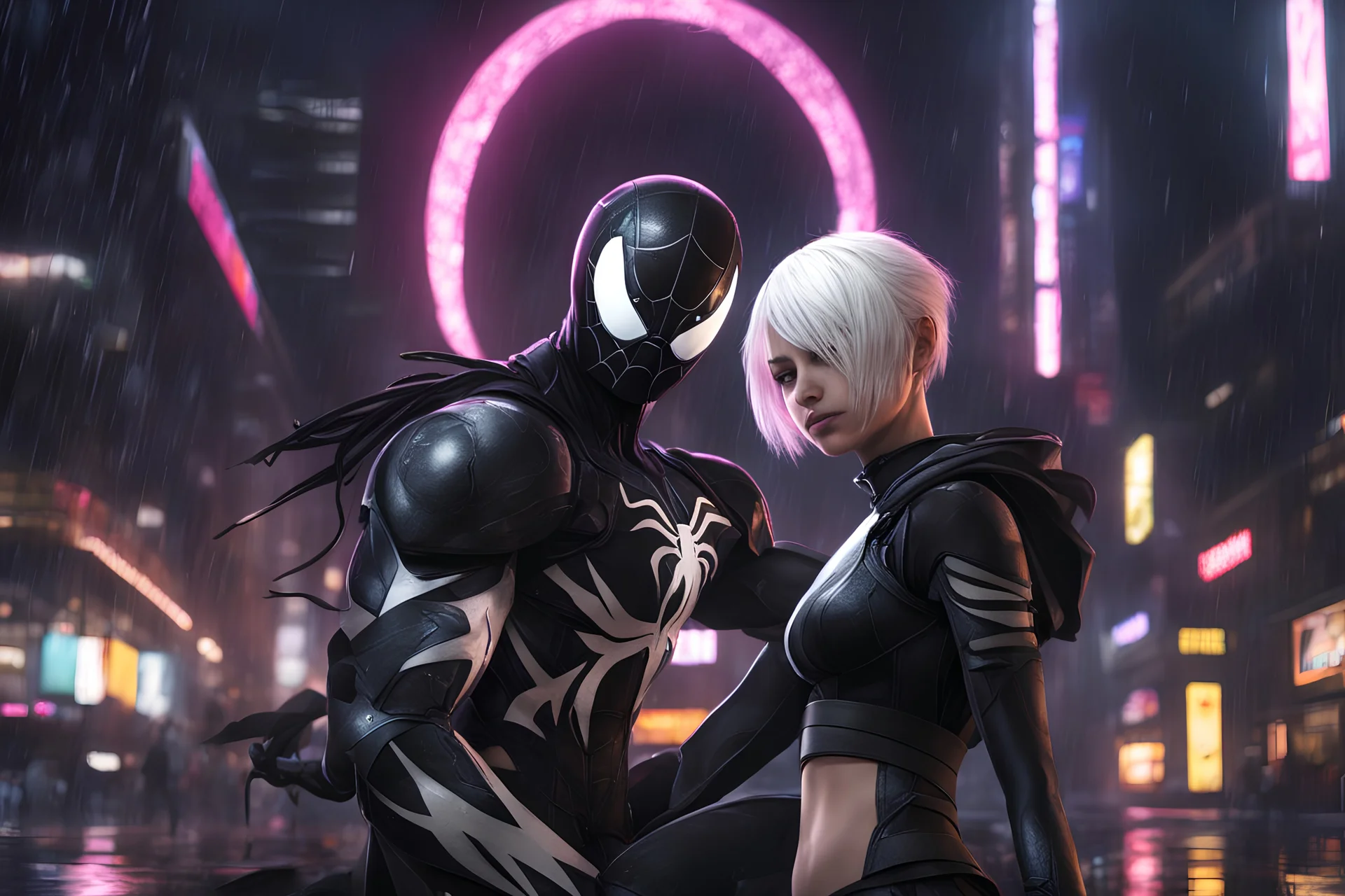 Venom in 8k nier automata drawing style, spider-gwen them, cinematic mood, neon effect, close picture, rain, highly detailed, high details, detailed portrait, masterpiece,ultra detailed, ultra quality