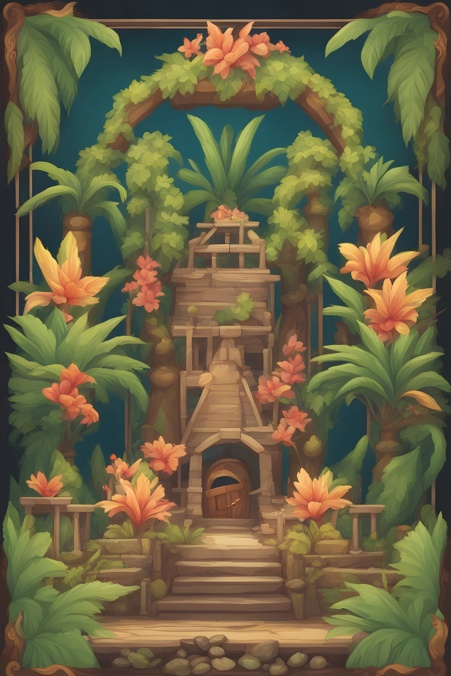 The external frame of the back side of a card for events in a board game. tropical fantasy cartoon style.