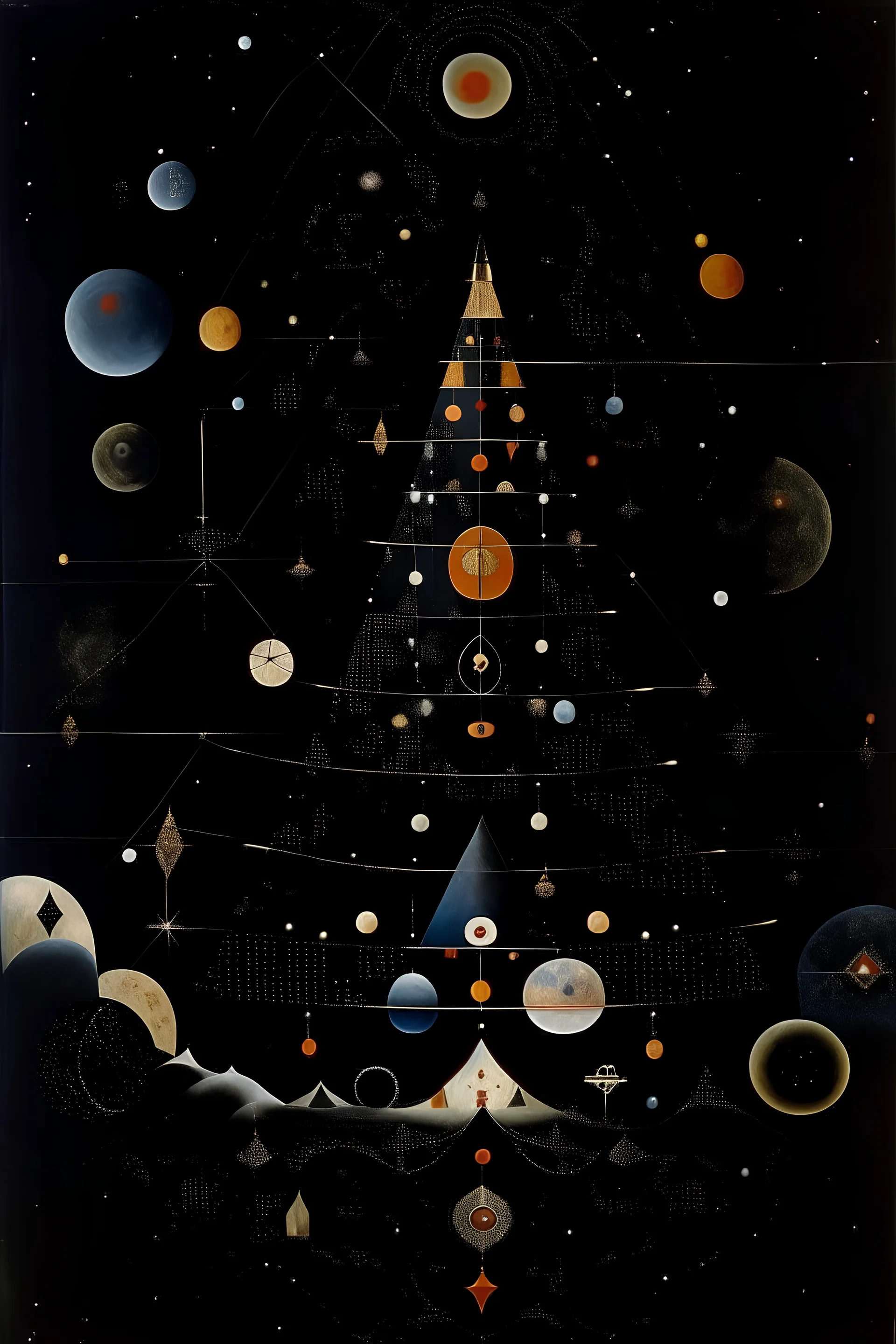 A pyramid-shaped space station surrounded by dark moons painted by Wassily Kandinsky