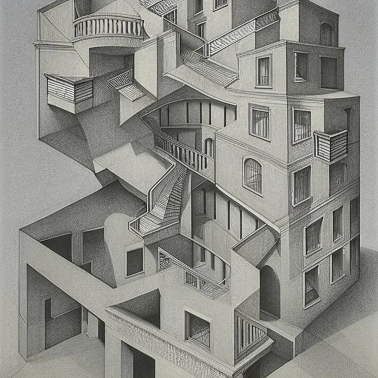 A building in 3 axis with stairs upside down and in several spacial dimensions and directions by artist "Escher" and "Tichenor"