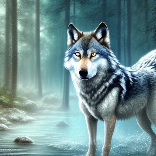 wolf, water, blue, forest, masterpiece, expert, 8K, hyperrealism, sharp focus, cinematic lighting