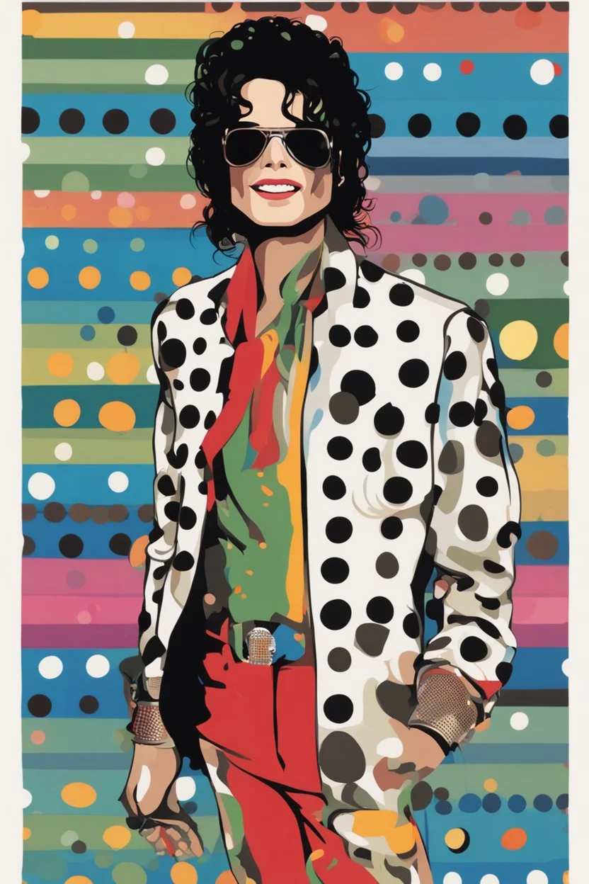 colorful Illustration of a michael jackson microphone in hand and looking at the camera. Polka dots in the background. by munch