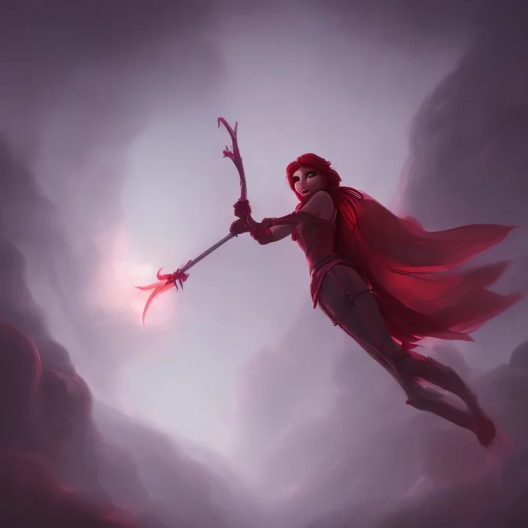 RED fairy god of death, stylized concept art, gloomy lighting, epic perspective, death and glitter