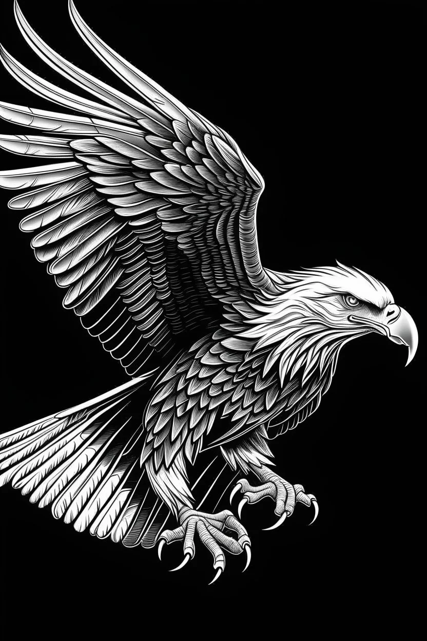 coloring pages for kids, black background, high resolution, 3d render, minimal bold colors of an eagle landing, illustration, poster, photo, painting. cartoon style, thick lines, low detail, black and white, no shading, --ar 85:110