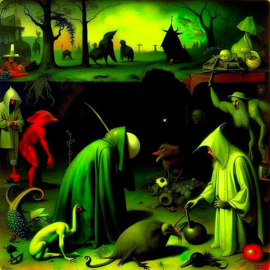 some mysterious figures, odd background, cinematic, Hieronymus Bosch, Max Ernst, vegetal life, rotten, ambient light, cry, ritual, surreal, animals