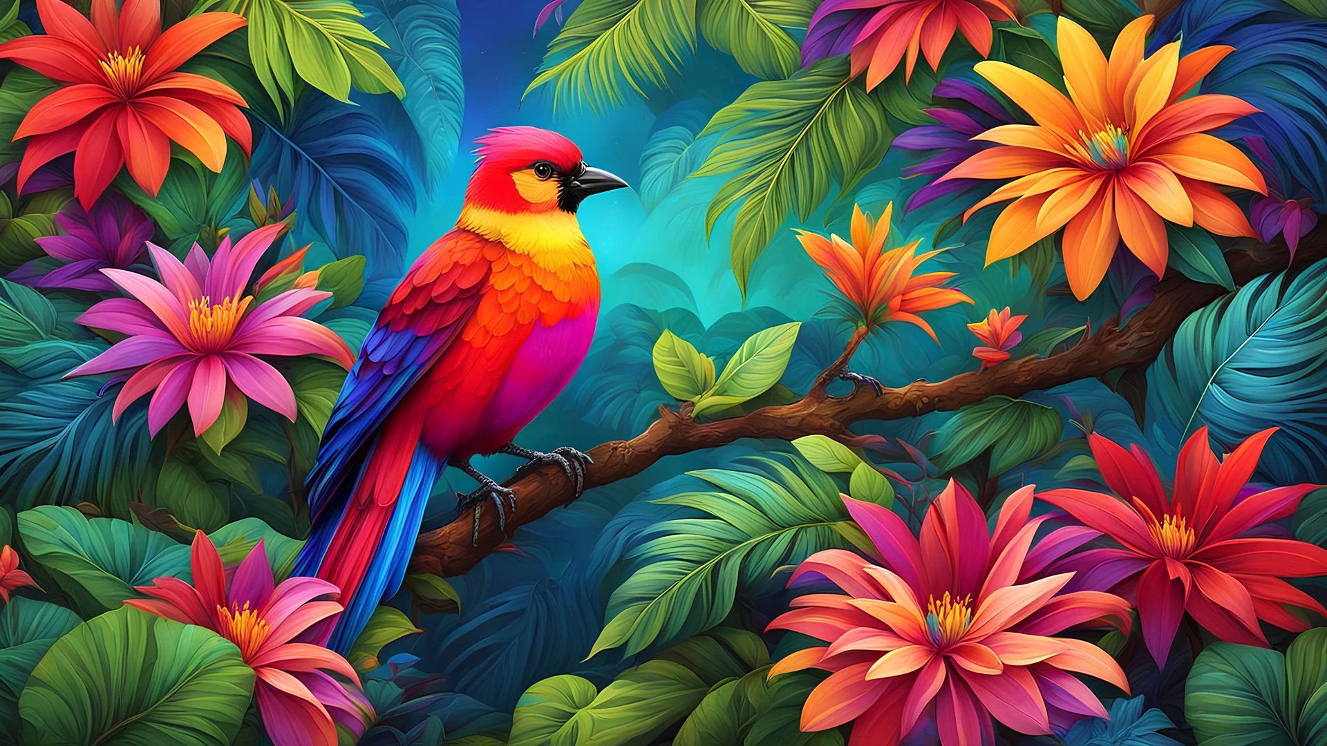 A vibrant, exotic bird perched on a branch in a lush, tropical rainforest, surrounded by vividly colored flowers and foliage. The style is digital art by Elara Mivon, characterized by rich, saturated colors and a slightly surreal, dreamlike quality, enhancing the natural beauty and mystery of the scene. The bird's feathers are a kaleidoscope of colors, shimmering in the dappled sunlight filtering through the canopy above, creating an image that is both captivating and mesmerizing.