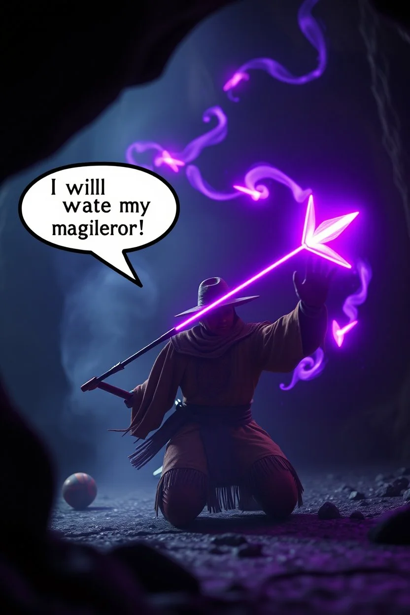 speech bubble saying "I will test my magic arrow!" purple magic neon arrow flying, magic swirl, strong winds, true grit, Mexican native stand off fast draw poncho cowboy wizard on knees hurt punching fire ball whip while taking sight wand slinger, in dark cave ,bokeh like f/0.8, tilt-shift lens 8k, high detail, smooth render, down-light, unreal engine