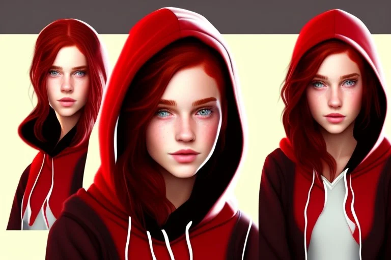 A sassy beautiful young woman with dark brown eyes and shoulder length red hair wearing a black hoodie. Realistic.