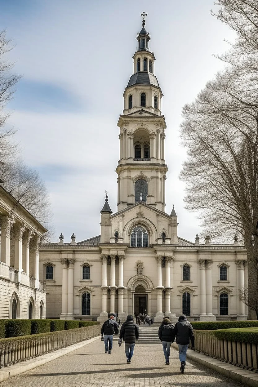 neoclassical church with steeple with people walking out of it