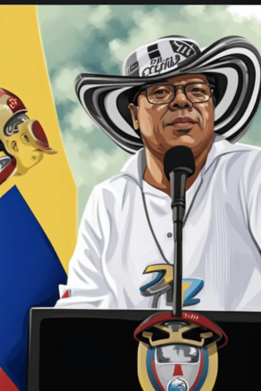 Ilustración vectorial de Gustavo Petro con gorra deportiva camisa colores negro, blanco y rojo, fondo negro