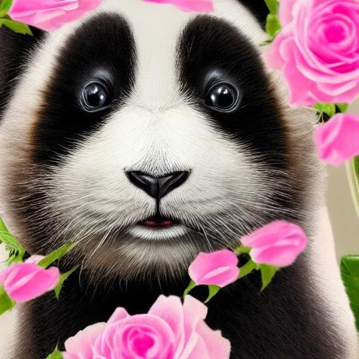 Portrait of an alien cat panda rabbit, extremely sharp detail, fined tuned sharp detail, realistic, 8k resolution, ultra hyper realistic detail, roses