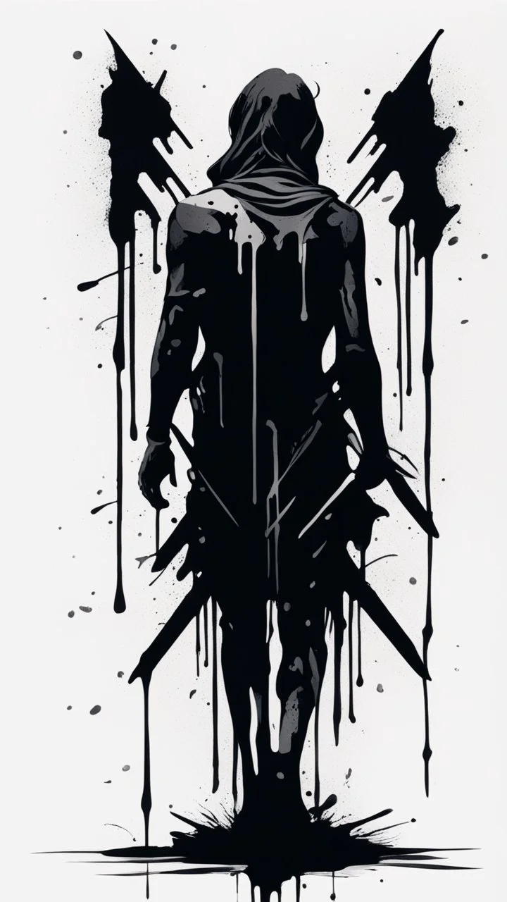 When The Darkness Comes in ink dripping art style , arrows in the back of the figure