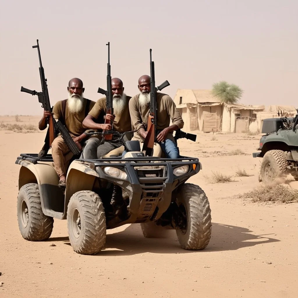 make a picture of 3 poor looking black men in a desert. they are in afghanistan. behind them is a raided village they are holding rifles. they look very very dangerous and have long white beards. they have ak47 rifles. They are sitting on an atv driving to the right