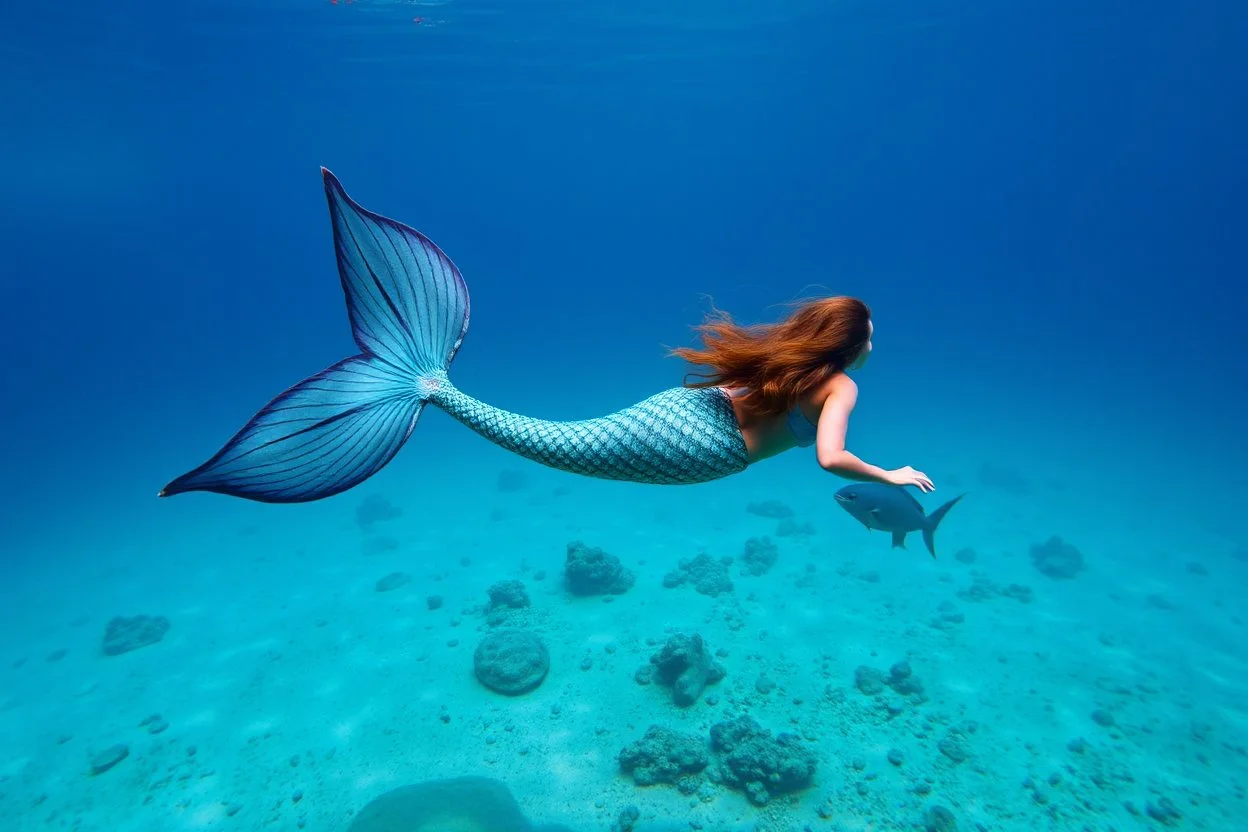 A mermaid with an mola mola tail swimming in the ocean