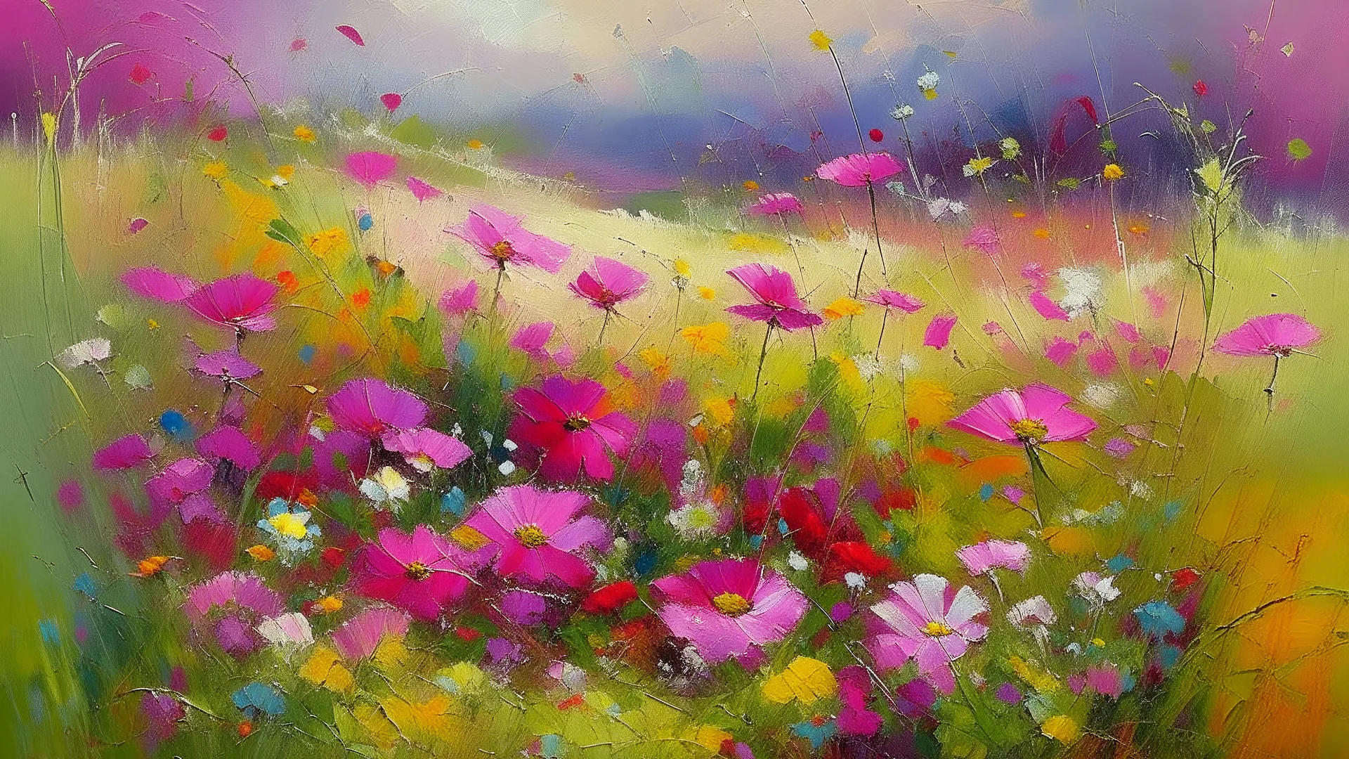 Romanticism is characterized by its celebration of emotion, nature, and the individual spirit. A vibrant field of wildflowers dances in the soft breeze, their colors blending in a symphony of pinks, purples, and yellows. This painting captures the essence of Romanticism with its lush, dream-like landscape. Each petal and blade of grass is meticulously rendered, creating a sense of depth and texture that draws the viewer in. The quality of the image is impeccable, with rich, vivid colors and exqu