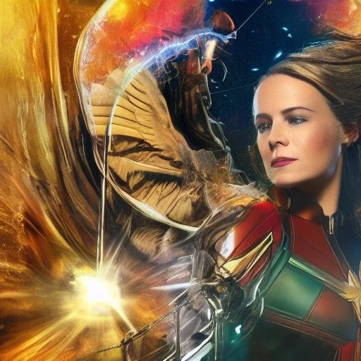 Captain Marvel,flying in the sky, hair on fire, realistic, vibrant colors, Kate beckinsale's face, long hair, gold angel wings, full body, in space, muscular, hyperrealistic